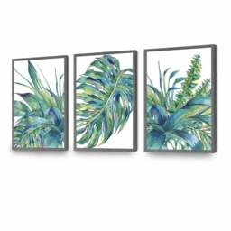 Rackhams Set of 3 Watercolour Green Blue Tropical Leaves Wall Art Framed Prints - 42x59cm (A2) - White - thumbnail 5
