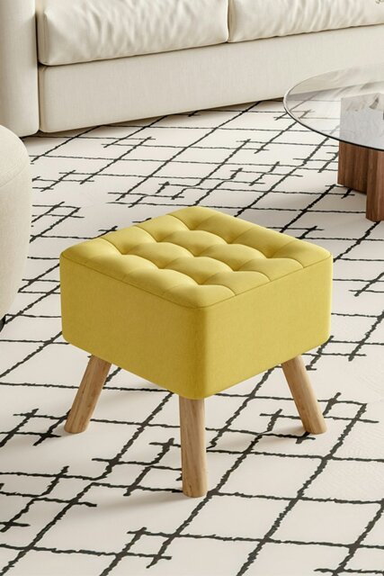 Rackhams Bright Yellow Linen Padded Wooden Leg Square Footstool - Yellow - image 1
