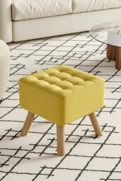 Rackhams Bright Yellow Linen Padded Wooden Leg Square Footstool - Yellow