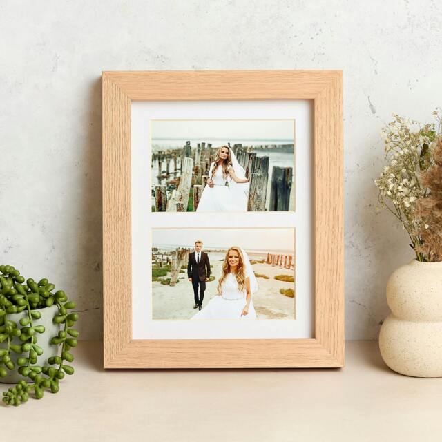 "Rackhams Solid Oak Double Picture Frame with Mount - For 6x4"" Photos, Natural Finish - For 6""x4"" photos + Photo Prints" - image 1
