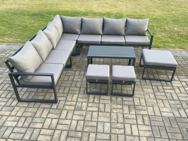 Rackhams Aluminium Outdoor Garden Furniture Set Lounge Corner Sofa Oblong Coffee Table Sets with 3 Footstools Dark Grey