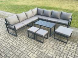 Rackhams Aluminium Outdoor Garden Furniture Set Lounge Corner Sofa Oblong Coffee Table Sets with 3 Footstools Dark Grey - thumbnail 2