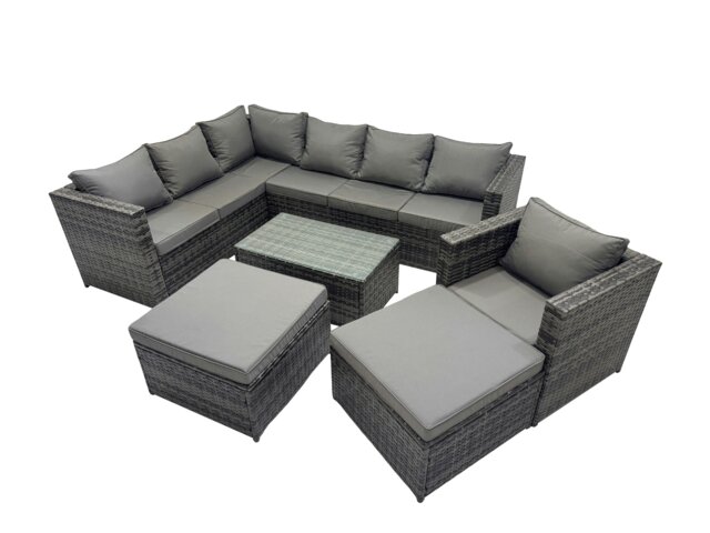Rackhams Outdoor Rattan Rectangular Coffee Table Corner Sofa Setss Garden Furniture Sets with 2 Big Stools Dark Grey Mixed - image 1