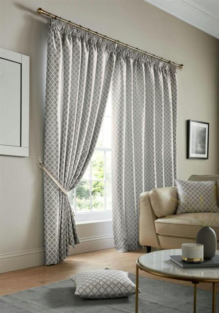 Rackhams Modern Geometric Two-Tone Jacquard Lined Pencil Pleat Taped Curtains - Silver - 168cm width x 229cm drop - image 1
