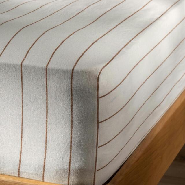 Rackhams White/Burnt Orange Pinstripe Linen/Cotton 30cm Standard Fitted Sheets - Double - image 1