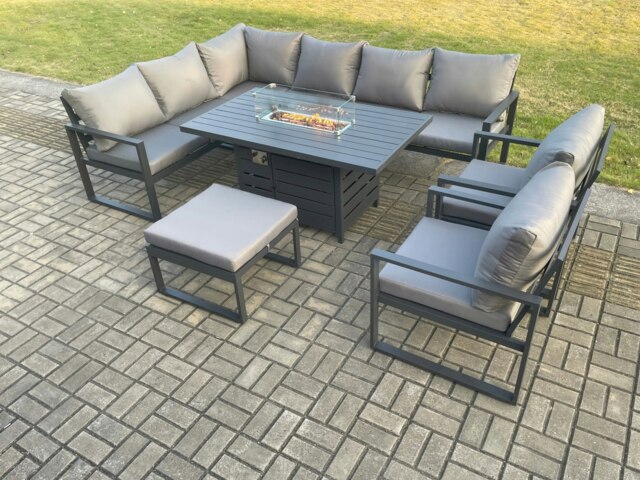 Rackhams Aluminium Outdoor Garden Furniture Corner Sofa Gas Fire Pit Dining Table Sets Gas Heater Burner with 2 Chairs Big Footstool Dark Grey 9 Seater - image 1