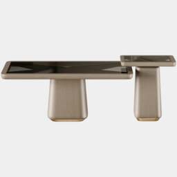 Rackhams Frank Centre Table in Age Brass Luxe Oak & Smoked Glass Top