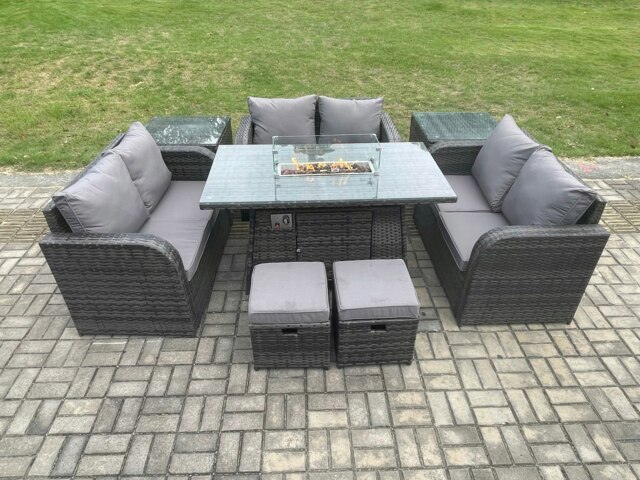 Rackhams 8 Seater Outdoor Rattan Furniture Garden Dining Set Gas Fire Pit Table with Side Table Love Sofa 2 Small Footstools Dark Grey Mixed - image 1