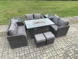 Rackhams 8 Seater Outdoor Rattan Furniture Garden Dining Set Gas Fire Pit Table with Side Table Love Sofa 2 Small Footstools Dark Grey Mixed - thumbnail 2