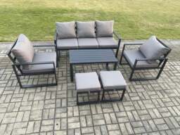 Rackhams Aluminium Patio Outdoor Furniture Set 7 Seater Garden Sofa with Oblong Coffee Table 2 Small Footstools 2 Armchairs Dark Grey - thumbnail 1