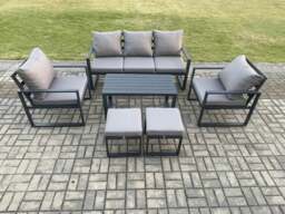 Rackhams Aluminium Patio Outdoor Furniture Set 7 Seater Garden Sofa with Oblong Coffee Table 2 Small Footstools 2 Armchairs Dark Grey - thumbnail 2