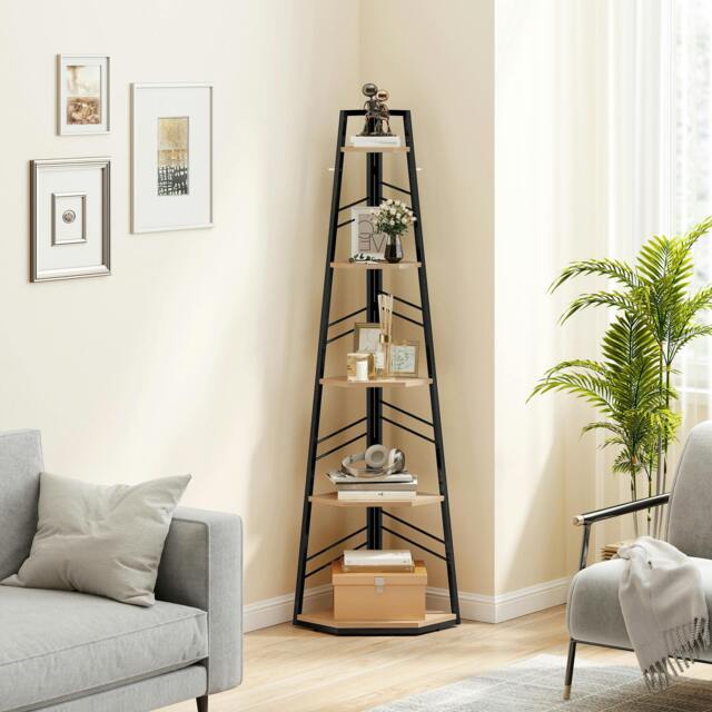 Rackhams 5-Tier Corner Bookcase, Floor Standing Shelving Unit - 36.5 x 36.5 x 159.5 cm - Particleboard, Metal - Natural - image 1