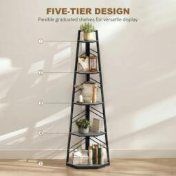 Rackhams 5-Tier Corner Bookcase, Floor Standing Shelving Unit - 36.5 x 36.5 x 159.5 cm - Particleboard, Metal - Natural - thumbnail 6