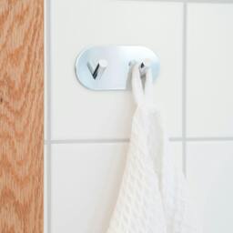 Rackhams Chrome Stainless Steel Double Towel Hook (96 x 48mm) Self Adhesive Bathroom Wall Mounted - thumbnail 2