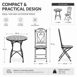 Rackhams Cascade Mosaic Bistro Set 3 Piece Folding Chairs & Round Table Outdoor Garden Furniture for Balcony & Patio Dining - 3 Piece - thumbnail 5