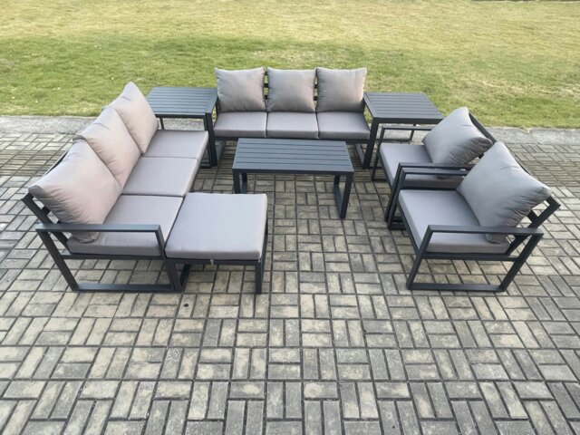 Rackhams Aluminium Outdoor Garden Furniture Set 9 Seater Garden Sofa with Oblong Coffee Table Big Footstool 2 Side Tables Dark Grey - image 1