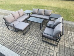 Rackhams Aluminium Outdoor Garden Furniture Set 9 Seater Garden Sofa with Oblong Coffee Table Big Footstool 2 Side Tables Dark Grey - thumbnail 2