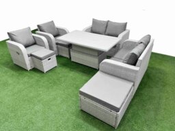 Rackhams 9 Seater Outdoor Reclining Chair Love Sofa Set Rattan Garden Furniture Set with Adjustable Lifting Dining or Coffee Table 3 Stools Light Grey - thumbnail 2