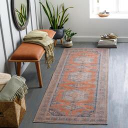 Rackhams Colin-Washable Orange Blue Brown Traditionnal Vintage Boho Rug - 80 x 220 cm - thumbnail 1