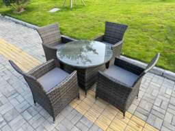 Rackhams 5-Piece PE Rattan Garden Furniture 4 Seater Garden Medium Round Table and Chairs for Patio Dark Grey Mixed - thumbnail 2