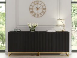 Rackhams Sophisticated Black Sideboard with Fluted Fronts & Gold Legs – 200cm Storage Unit - 200 cm - Black -  MDF/Chipboard - thumbnail 4