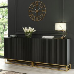 Rackhams Sophisticated Black Sideboard with Fluted Fronts & Gold Legs – 200cm Storage Unit - 200 cm - Black -  MDF/Chipboard - thumbnail 2
