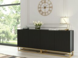Rackhams Sophisticated Black Sideboard with Fluted Fronts & Gold Legs – 200cm Storage Unit - 200 cm - Black -  MDF/Chipboard