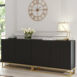Rackhams Sophisticated Black Sideboard with Fluted Fronts & Gold Legs – 200cm Storage Unit - 200 cm - Black -  MDF/Chipboard - thumbnail 3