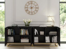 Rackhams Sophisticated Black Sideboard with Fluted Fronts & Gold Legs – 200cm Storage Unit - 200 cm - Black -  MDF/Chipboard - thumbnail 5