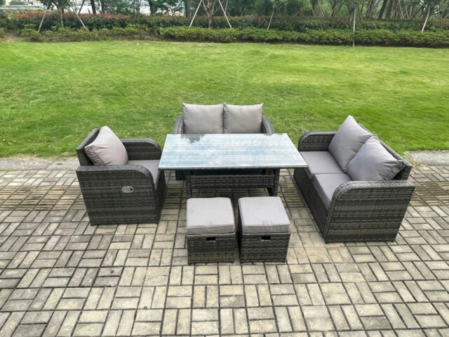 Rackhams 7 Seater Lounge Rattan Sofa Set Outdoor Garden Furniture Oblong Rectangular Dining Table With Chairs Footstools Dark Grey Mixed - image 1