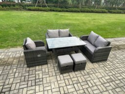 Rackhams 7 Seater Lounge Rattan Sofa Set Outdoor Garden Furniture Oblong Rectangular Dining Table With Chairs Footstools Dark Grey Mixed - thumbnail 2