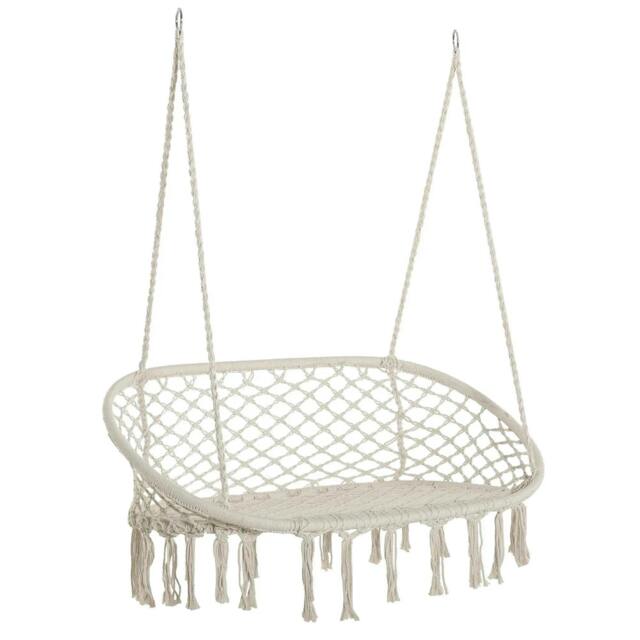 Rackhams Hanging Hammock Chair Cotton Rope Porch Swing with Metal Frame, Large Macrame Seat for Patio, Garden, Bedroom, Living Room, Cream White - image 1