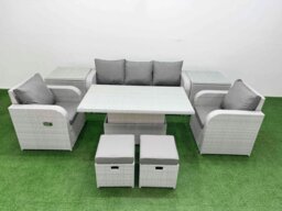 Rackhams Light Grey PE Rattan Outdoor Lounge Set - Reclining Chair, Adjustable Lifting Dining/Coffee Table, 2 Side Tables & 2 Small Stools - thumbnail 1