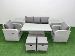 Rackhams Light Grey PE Rattan Outdoor Lounge Set - Reclining Chair, Adjustable Lifting Dining/Coffee Table, 2 Side Tables & 2 Small Stools - thumbnail 2