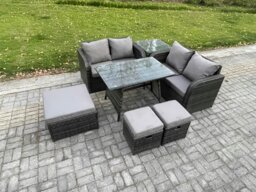Rackhams 7-Piece Rattan Garden Furniture Set - Dark Grey Mixed Wicker Patio Sofa Conversation Set with 3 Footstools & Side Table - thumbnail 1