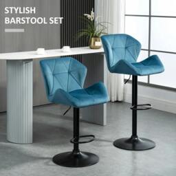 Rackhams Bar Stools Set Of 2, Luxurious Velvet-Touch Barstools with Metal Frame Footrest Round Base Triangle Indenting Moulded Seat, Blue - thumbnail 4