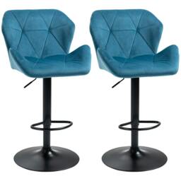 Rackhams Bar Stools Set Of 2, Luxurious Velvet-Touch Barstools with Metal Frame Footrest Round Base Triangle Indenting Moulded Seat, Blue - thumbnail 1