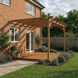 Rackhams Wall Mounted Pergola and Decking Kit Chamfered Design - Rustic Brown - 3.6m x 3.6m - thumbnail 4