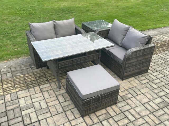 Rackhams Garden Patio Furniture Wicker Rattan Oblong Rectangular Dining Table and Loveseat Sofa set with Side Table Big Footstool Dark Grey Mixed - image 1