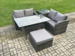 Rackhams Garden Patio Furniture Wicker Rattan Oblong Rectangular Dining Table and Loveseat Sofa set with Side Table Big Footstool Dark Grey Mixed - thumbnail 1