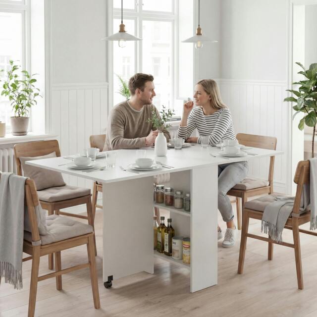 Rackhams Mobile Drop Leaf Dining Table Folding Desk w/ 2 Wheels White - image 1