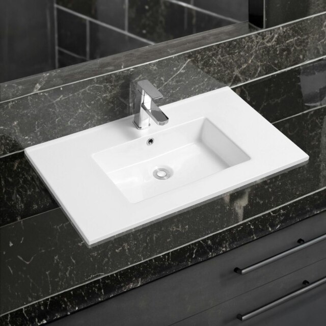 Rackhams 4012 Ceramic 81cm Thin-Edge Inset Basin with Rectangular Bowl - White - Ceramic - 81cm - image 1