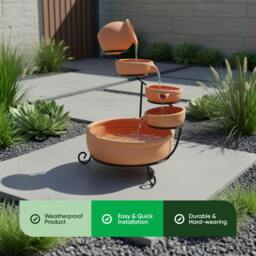 Rackhams Solar Powered Cascading Terracotta Water Feature – 4 Tier Garden Fountain with Battery Backup - thumbnail 3