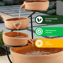 Rackhams Solar Powered Cascading Terracotta Water Feature – 4 Tier Garden Fountain with Battery Backup - thumbnail 4