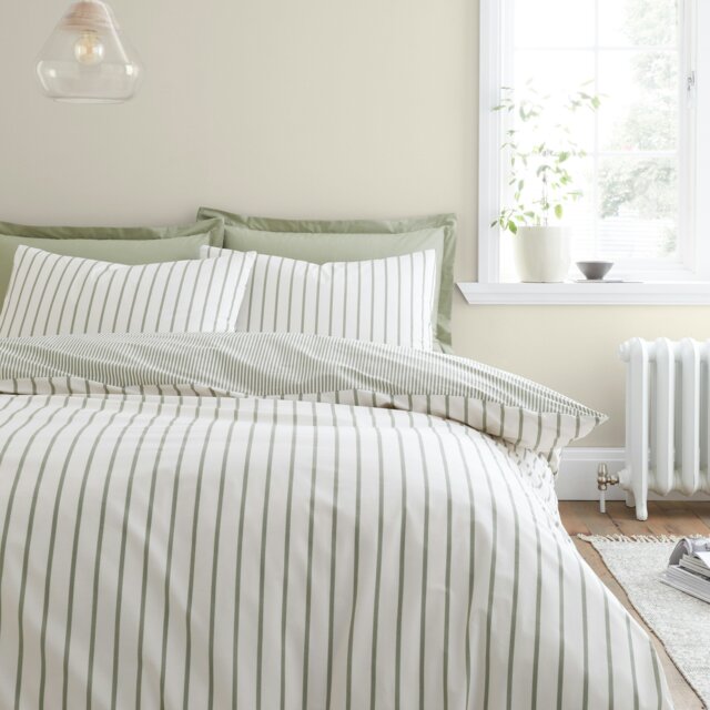 Rackhams Hampton Stripe 200 Thread Count Cotton Reversible Duvet Cover Set Green - Single - Green - image 1