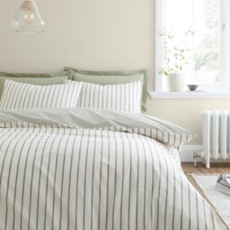 Rackhams Hampton Stripe 200 Thread Count Cotton Reversible Duvet Cover Set Green - Single - Green - thumbnail 1