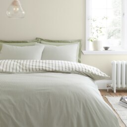 Rackhams Hampton Stripe 200 Thread Count Cotton Reversible Duvet Cover Set Green - Single - Green - thumbnail 2