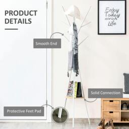 Rackhams Freestanding Metal Coat Rack Stand 9 Hooks Clothes Tree with 1 Shelf Hat Display Hall Tree Hanger Bag Umbrella Hanging Organiser White - thumbnail 5