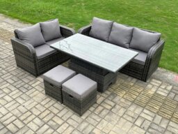 Rackhams Outdoor Rattan Garden Furniture Set - Dark Grey Mixed Height Adjustable Rising Lifting Dining Table Lounge Sofa Set with Love Sofa - thumbnail 2