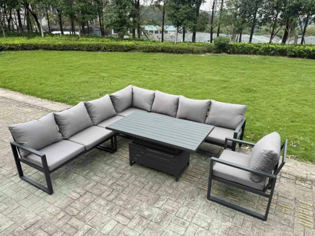Rackhams 8 Seater Aluminium Garden Furniture Set with Adjustable Rising Dining Table - Dark Grey